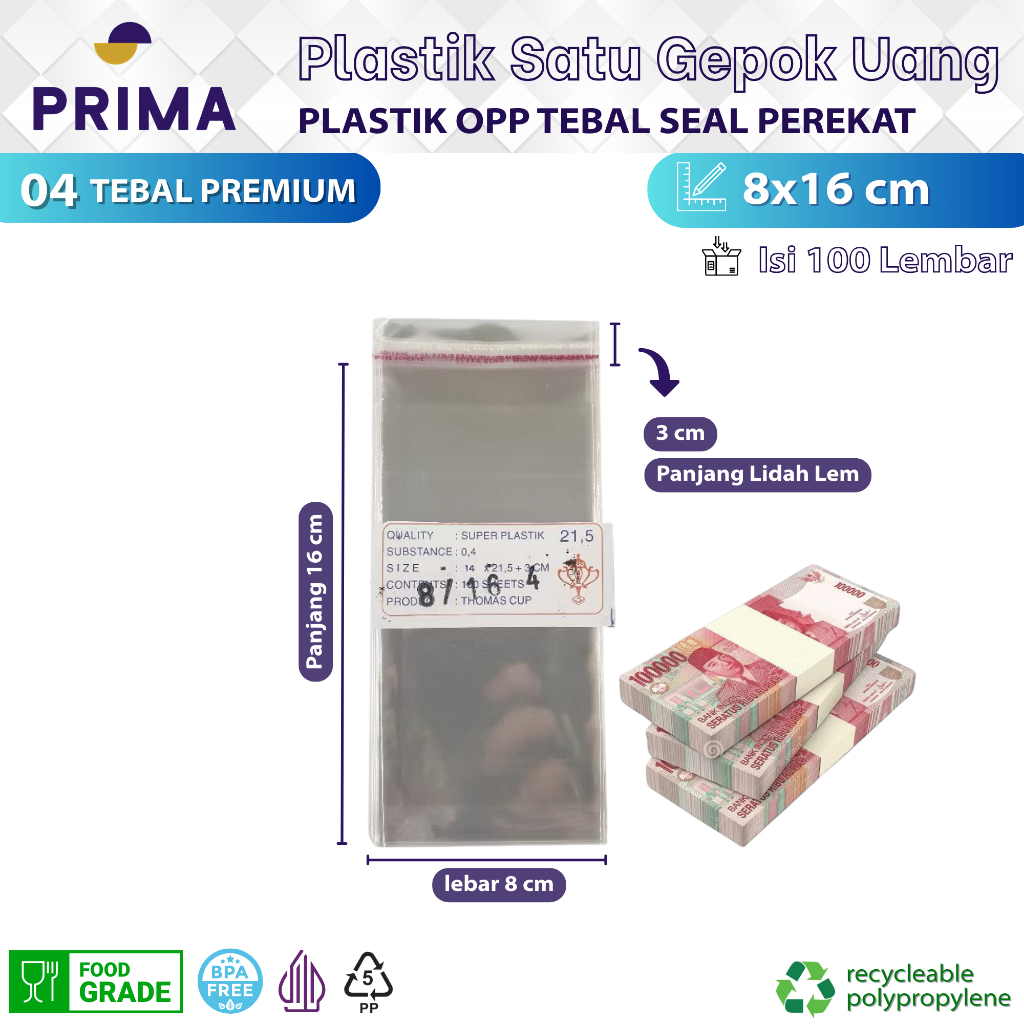 Plastik Opp Tebal Bening 8x16 cm dengan Seal Perekat isi 100 pcs untuk Kemasan Undangan, Uang Kertas