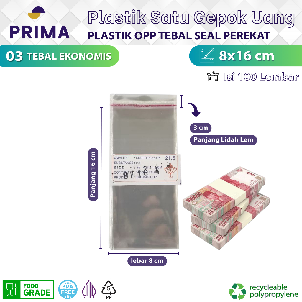Plastik Opp Tebal Ekonomis Bening 8x16 cm dengan Seal Perekat isi 100 pcs untuk Kemasan Undangan, Ua