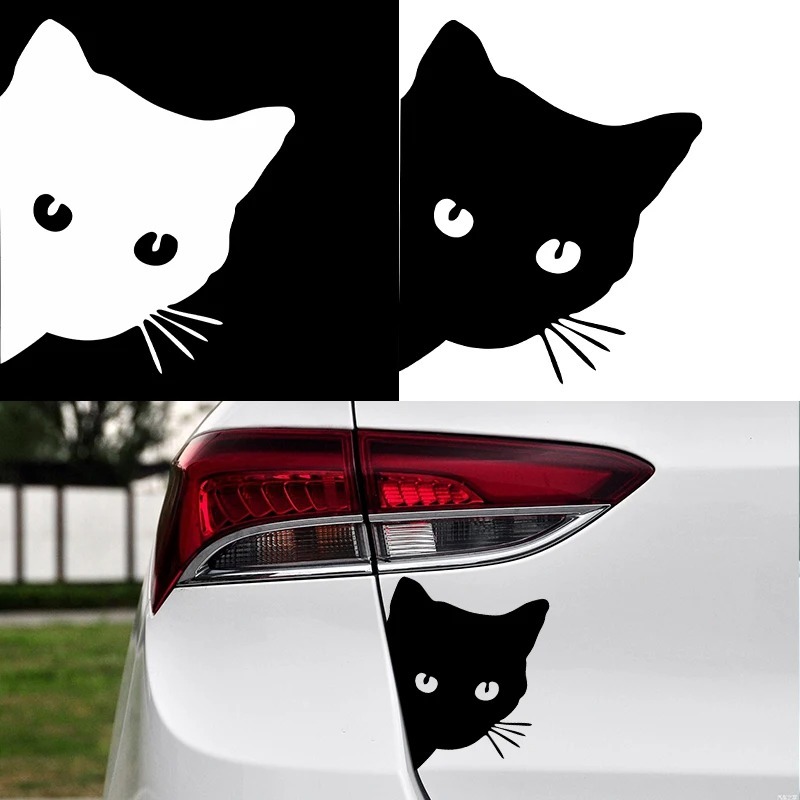Stiker interior mobil hitam/putih/stiker kucing laser stiker vinil lucu aksesori dekoratif gaya mobi