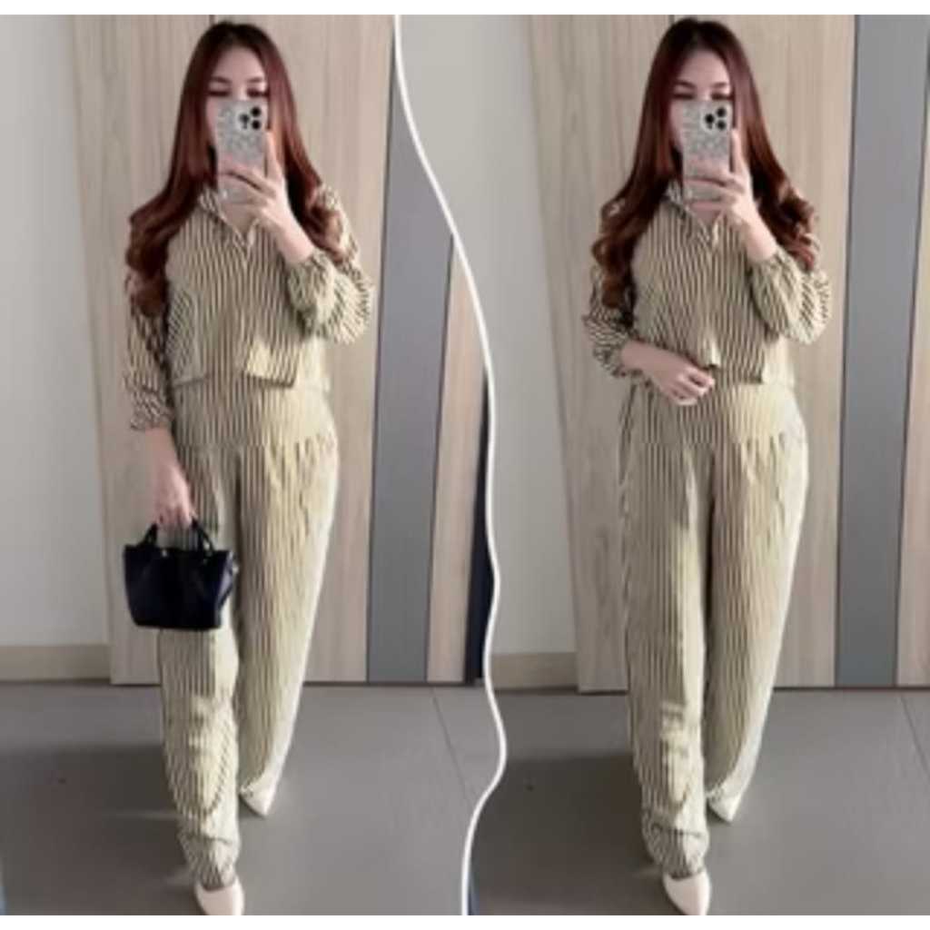 ONE SET STRIPE SET WANITA CROP TOP GARIS KEKINIAN SETELAN WANITA DEWASA TERBARU