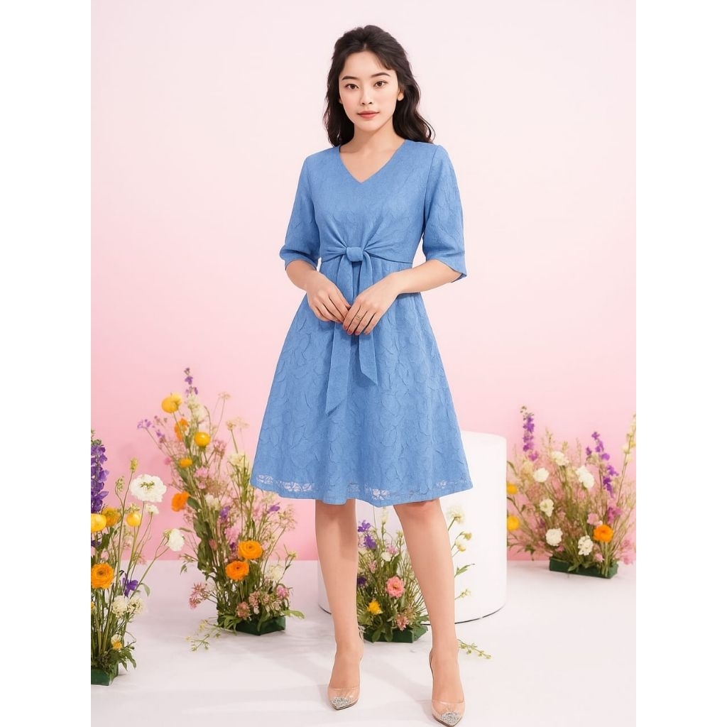 Dress Brokat Wanita Elegan Lengan Pendek Pita Depan - Gaun Kondangan Modis Kekinian Triani Gm