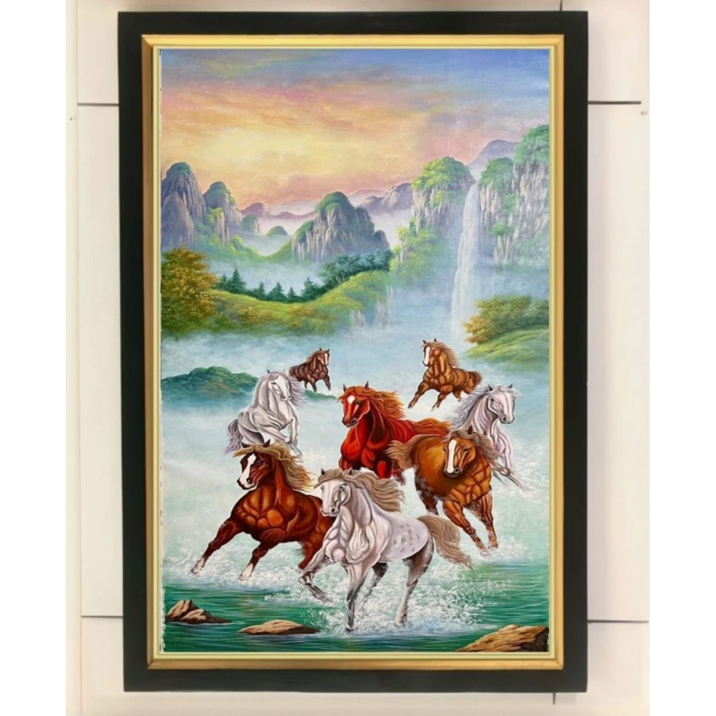 hiasan dinding lukisan cetak digital printing kuda 8 berlari potrait plus figura termurah ukuran 65*