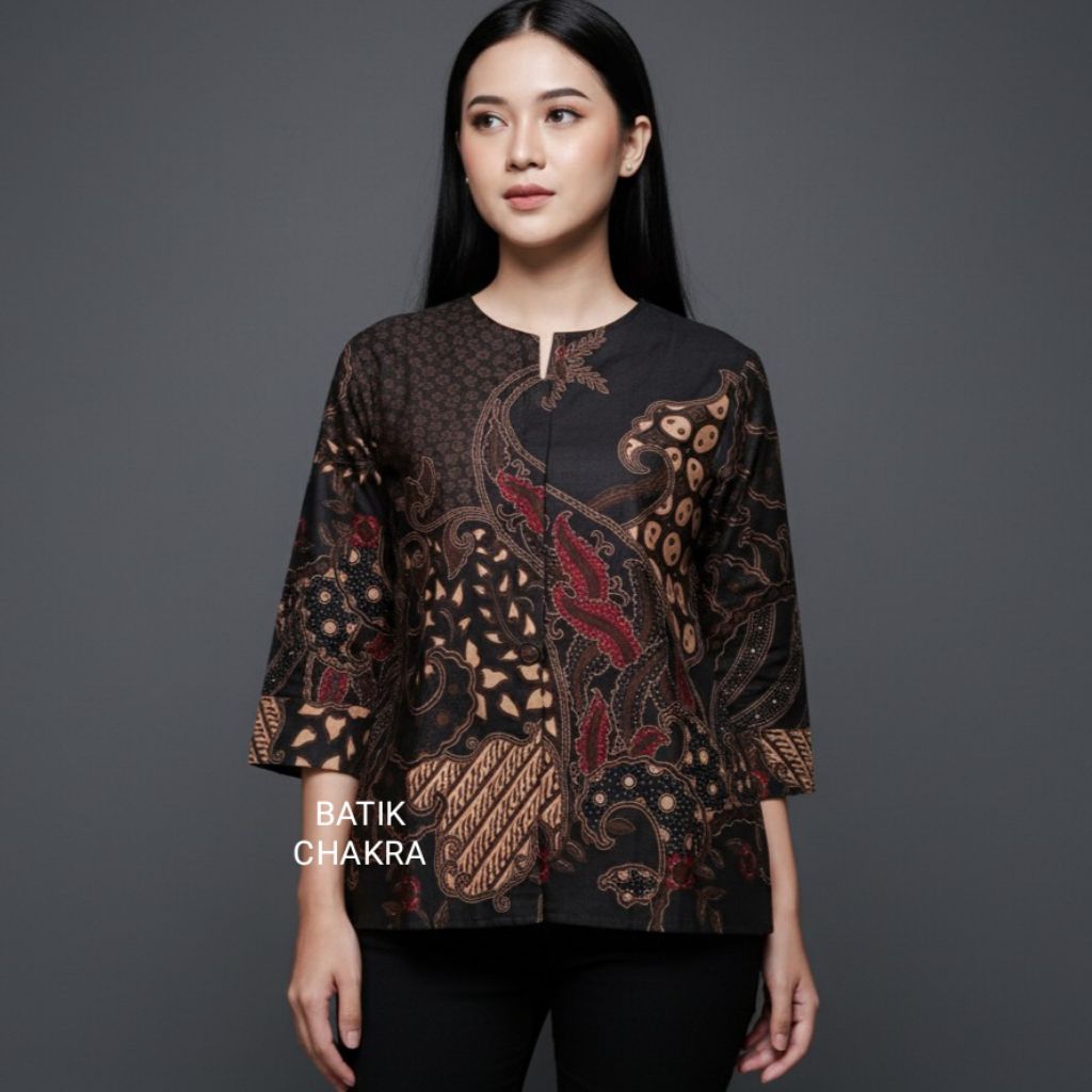 blus batik wanita modern HITAM bahan katun lapis full trikot