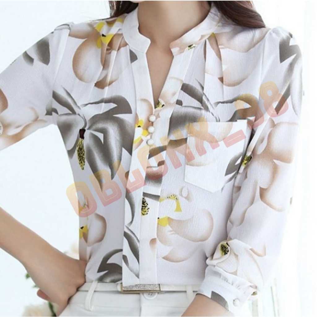Blus Motif Bunga Bunga Saku lengan panjang wanita, atasan V-Neck, kemeja Wanita Longgar