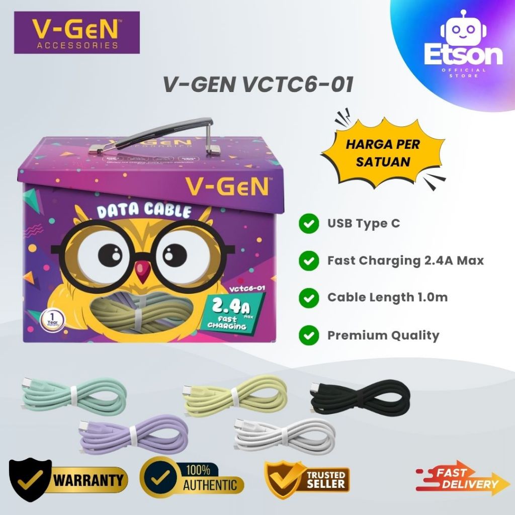 KABEL DATA ORIGINAL V-GEN VCTC6-01 VCTC6-02 2.4A Type-C Fast Charging USB Cable Bulat VGEN