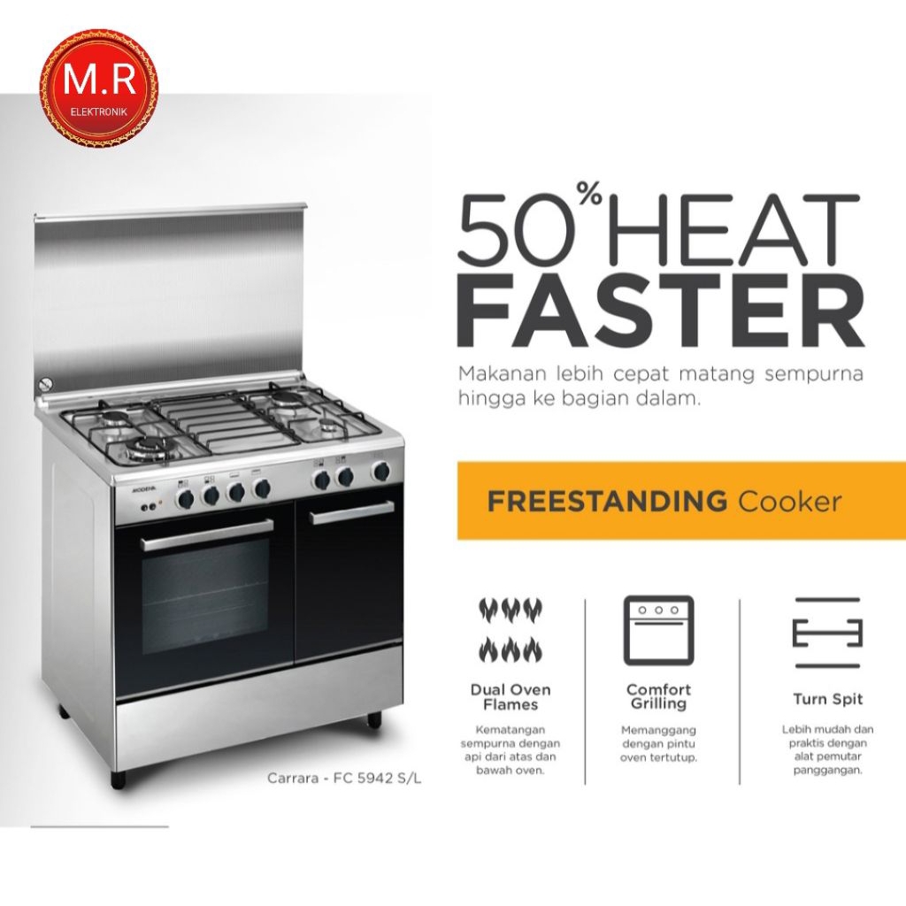 KOMPOR FREESTANDING KOMPOR GAS + OVEN GAS MODENA FC5942S STAINLEES STEEL GARANSI RESMI MODENA 1 TAHU