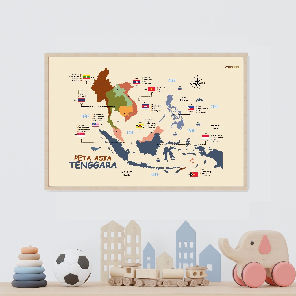 Poster Peta Indonesia Peta Asia Tenggara Peta Dunia A3+ Earth Tone Toddler, Balita, Pra Sekolah Anak