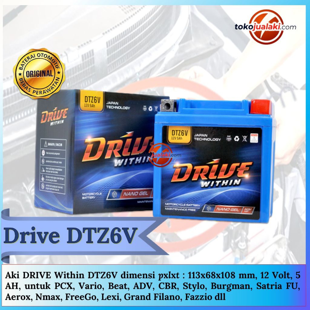 Aki Motor GTZ6V Drive DTZ6V Untuk PCX 125/150, New Vario, ADV 150, Fino, NMax 155, FreeGo S, Fazzio,