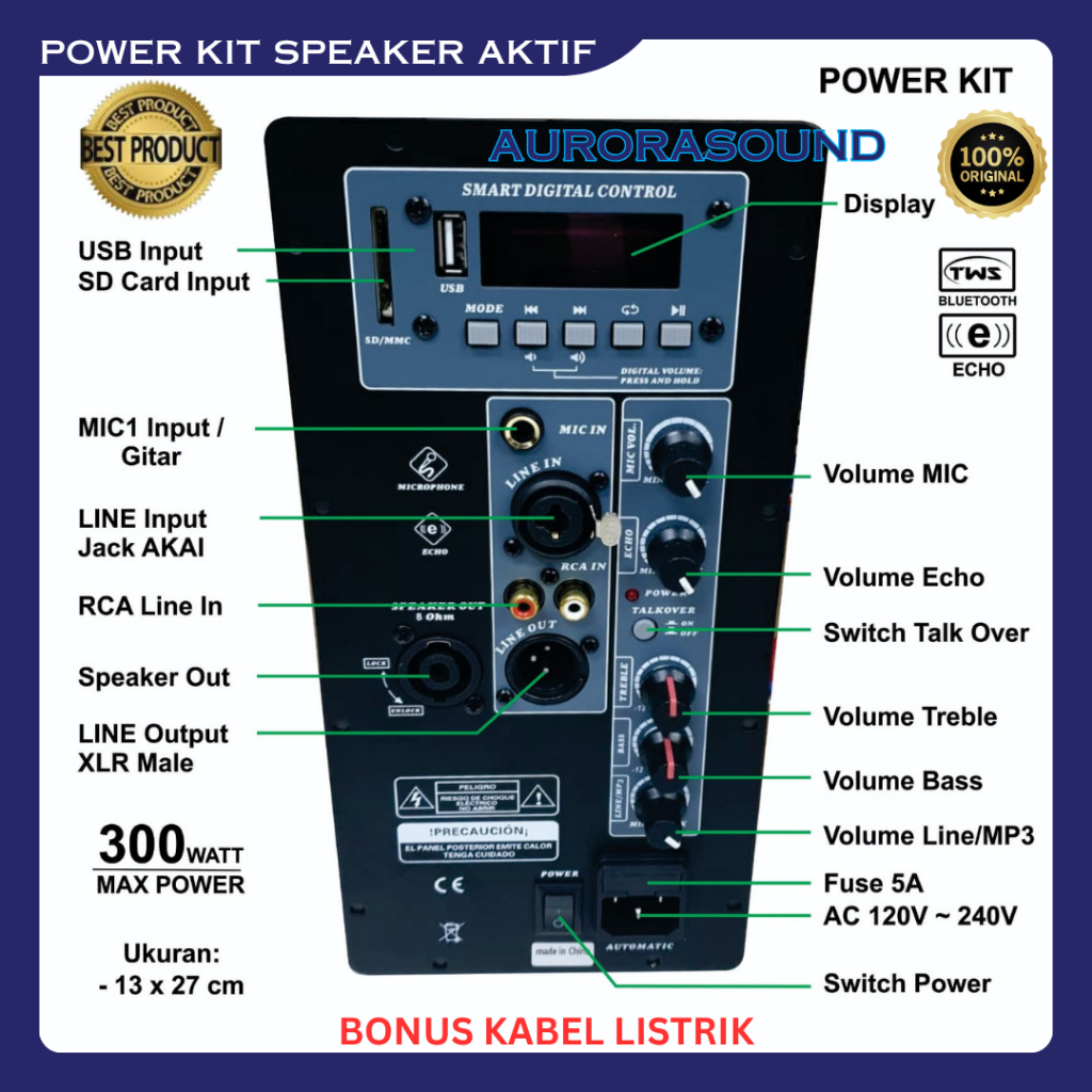 POWER KIT SPEAKER AKTIF 300 WATT MESIN KIT UKURAN 13 x 27 CM USB BLUETOOTH USB PLAYER TWS BONUS KABE