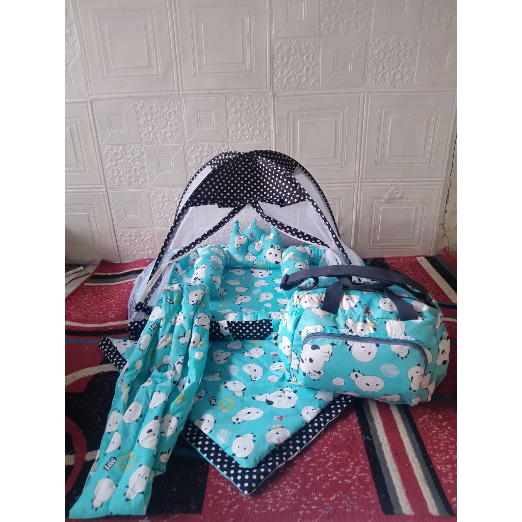 kasur bayi set kelambu LENGKAP bedcover gendongan & tas. motif panda toska