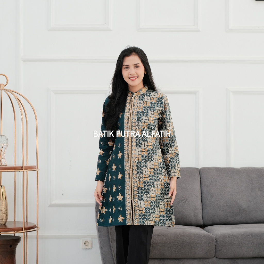 Batik Alfatih Tunik Batik Premium Lengan Panjang Full Tricot Motif Binawa Warna Hijau Tosca