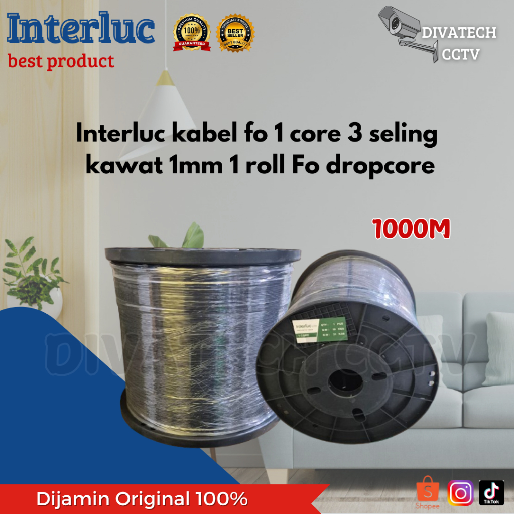 Interluc kabel fo 1 core 3 seling  kawat 1mm 1 roll Fo dropcore 1000m/roll Kabel fiber optic best pr