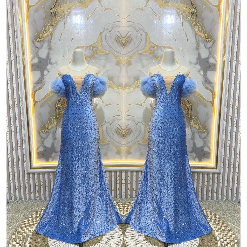 REVALINA-0015 || Longdress duyung Bludru Squin Mewah // Gaun pesta wanita mewah