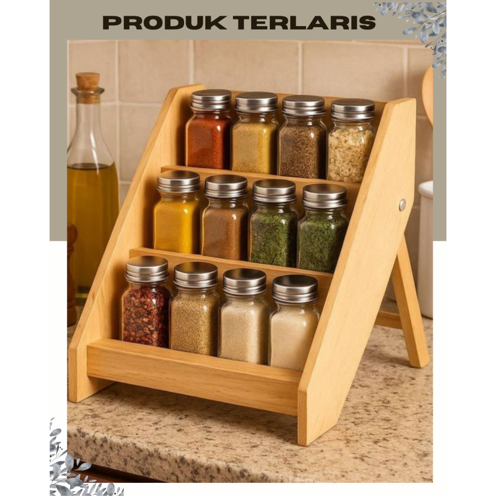 Rak Bumbu 3 Tingkat Kayu / Rak Dapur Minimalis Natural / Rak Stoples Minimalis Estetik