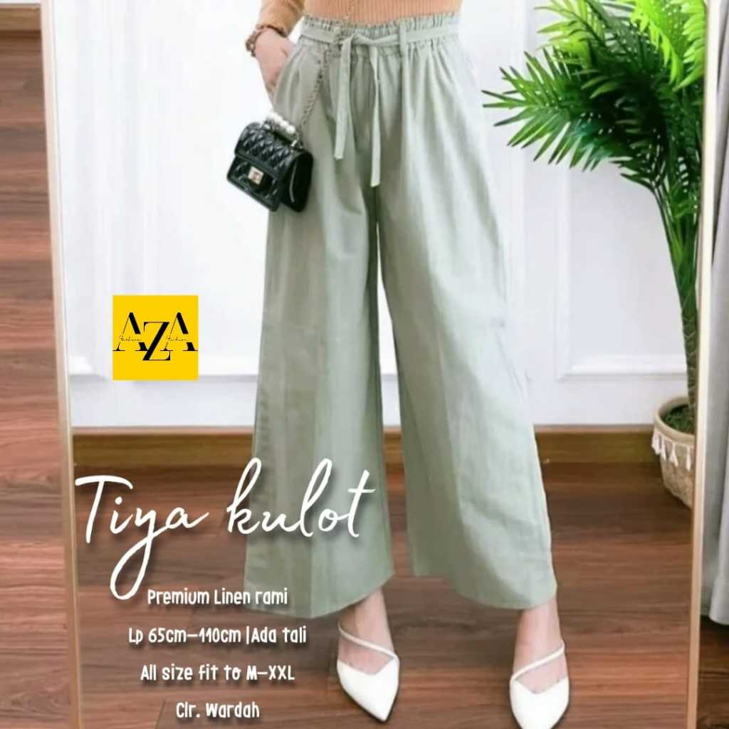 TIYA KULOT Linen Rami Premium | Celana Kulot Pendek Jumbo Wanita Putih | Kulot Full Karet Tali Fit M