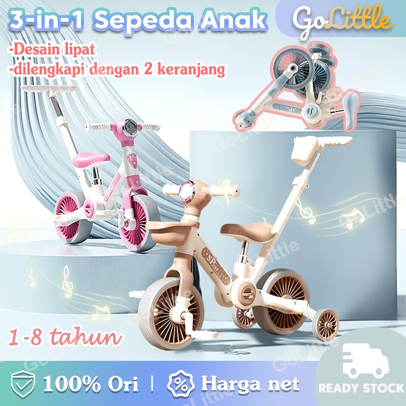 3 in 1 Sepeda Anak Roda 3,Sepeda Keseimbangan Lipat Untuk Anak-Anak Dengan Pegangan Dorong,Hadiah Un