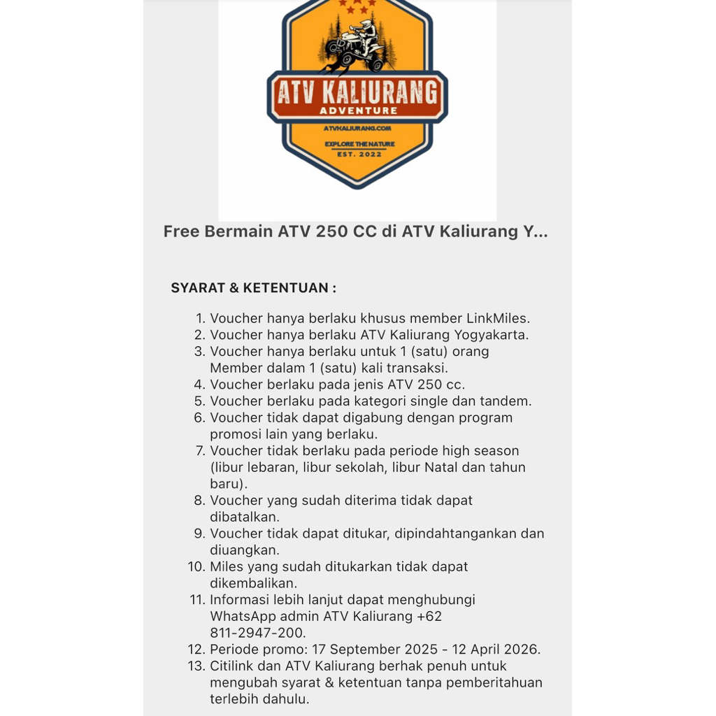 Voucher ATV 250cc ATV Kaliurang Yogyakarta