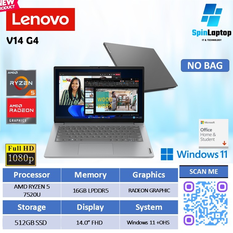 Laptop Lenovo V14 G4 | AMD Ryzen 5 -7520U RAM 16GB SSD 512GB Layar 14” FHD IPS Windows 11 + Office