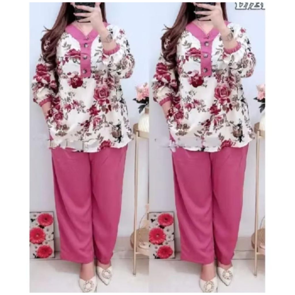 Terbaru Setelan Celana Wanita Dewasa Bunga Motif Bunga Rayon Setelan Laris