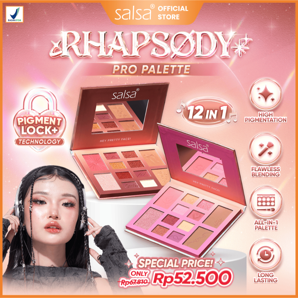 [NEW LOOK!] SALSA Rhapsody Face Pro Palette - 12in1 Makeup Palet Wajah Multifungsi | All in One Makeup Kit | Eyeshadow | Blush On | Highlighter | Bronzer |Contour | High Pigmented Blendable Smooth | Eyeshadows