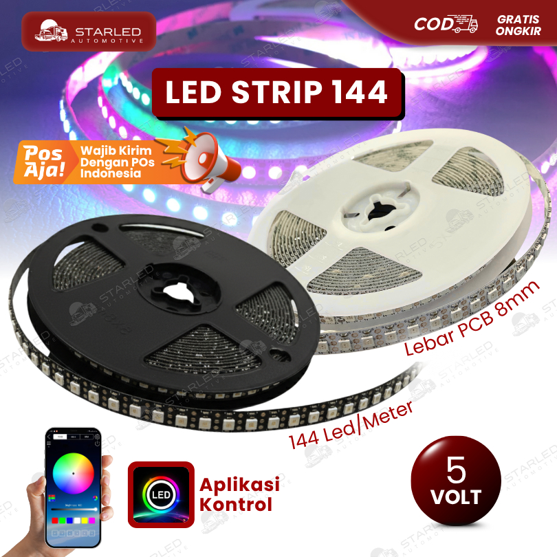 LAMPU LED STRIP RGB WS2812B 5V 144 LED PER METER LEBAR 8MM PCB PUTIH HITAM LAMPU LED RGB WS2812 8 MM