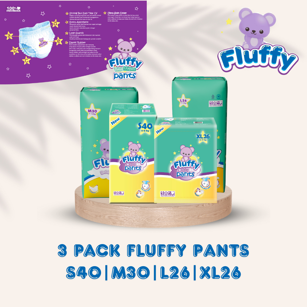 [3 Bag] FLUFFY Termurah Popok Bayi Tipe Celana Size S 40, M 30, L 26, XL 26 Pcs x 3 Bag