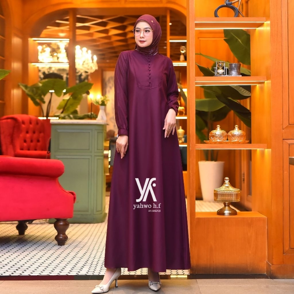 Yahwo Hijab Fashion-Dress Wanita terbaru-Busuy/Kancing-Gamis Toyobo-Gamis Abaya-Dress Pesta Burgundy