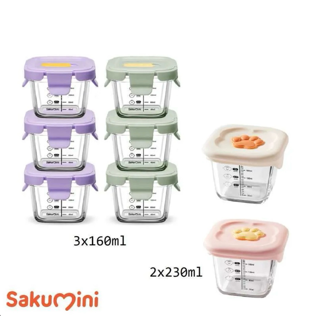 Sakumini Baby Glass Food Container Set - Green, Purple, Pink
