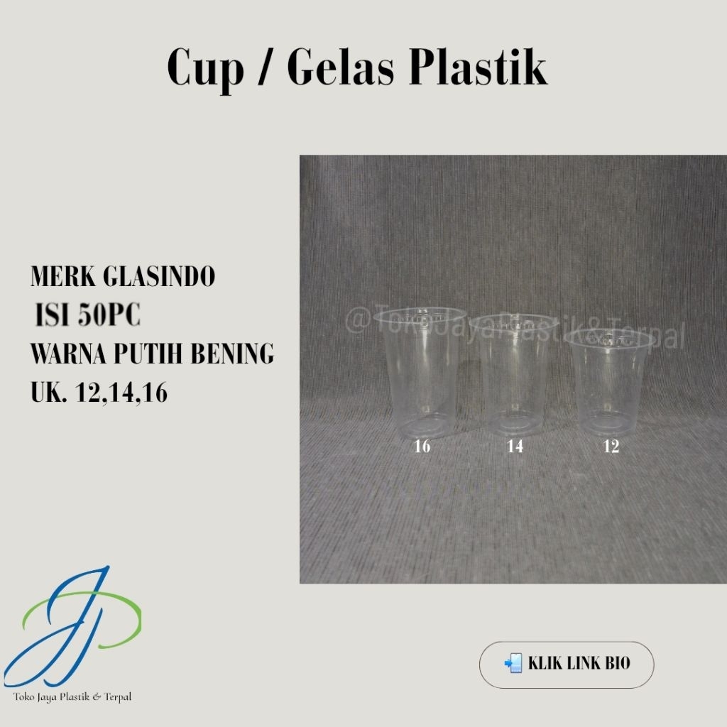CUP/GELAS PLASTIK DATAR | MERK GLASSINDO | ISI 50PC | 12OZ 14OZ 16OZ