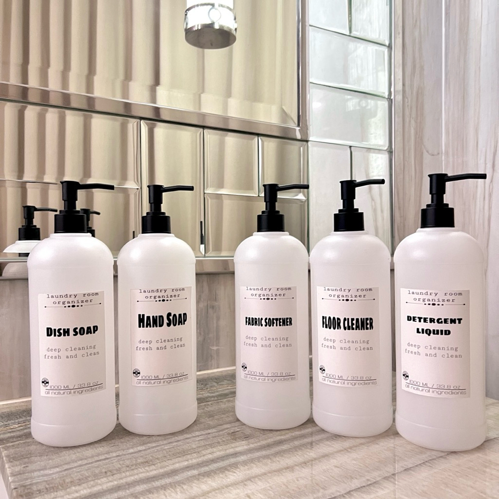 BOTOL 1L PUMP TRANSPARAN LABEL LAUNDRY ROOM tempat isi ulang detergent cair wadah refill AESTHETIC