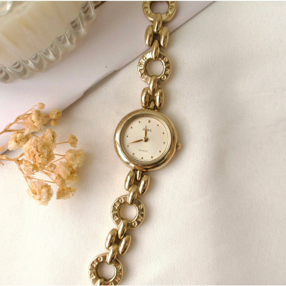 Jam Tangan Wanita Vintage Watch Alba Round Gold Ring Chain Original Autentik Preloved Bekas