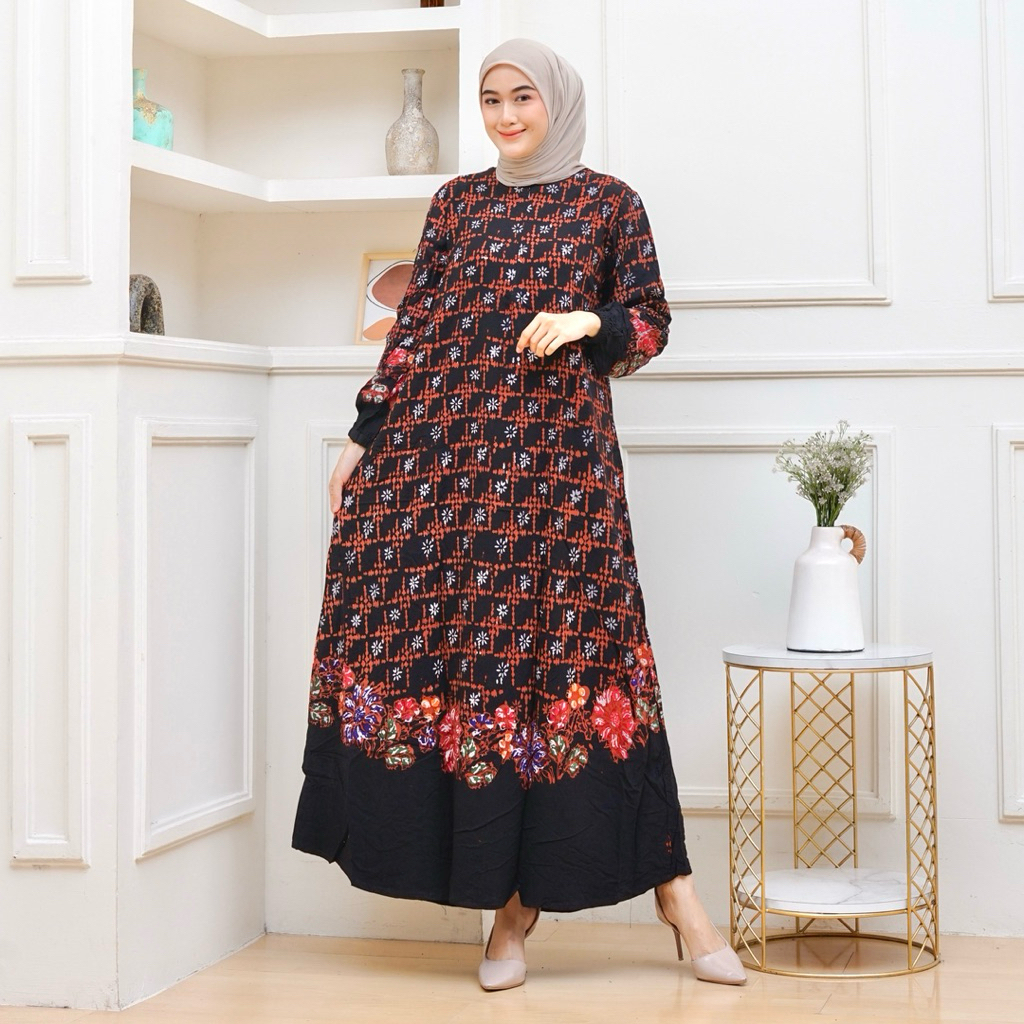 OXSAVA - Longdress Batik Sogan Rayon Premium Tebal Adem Busui Friendly Ld 110 Gamis Kondangan Daily 