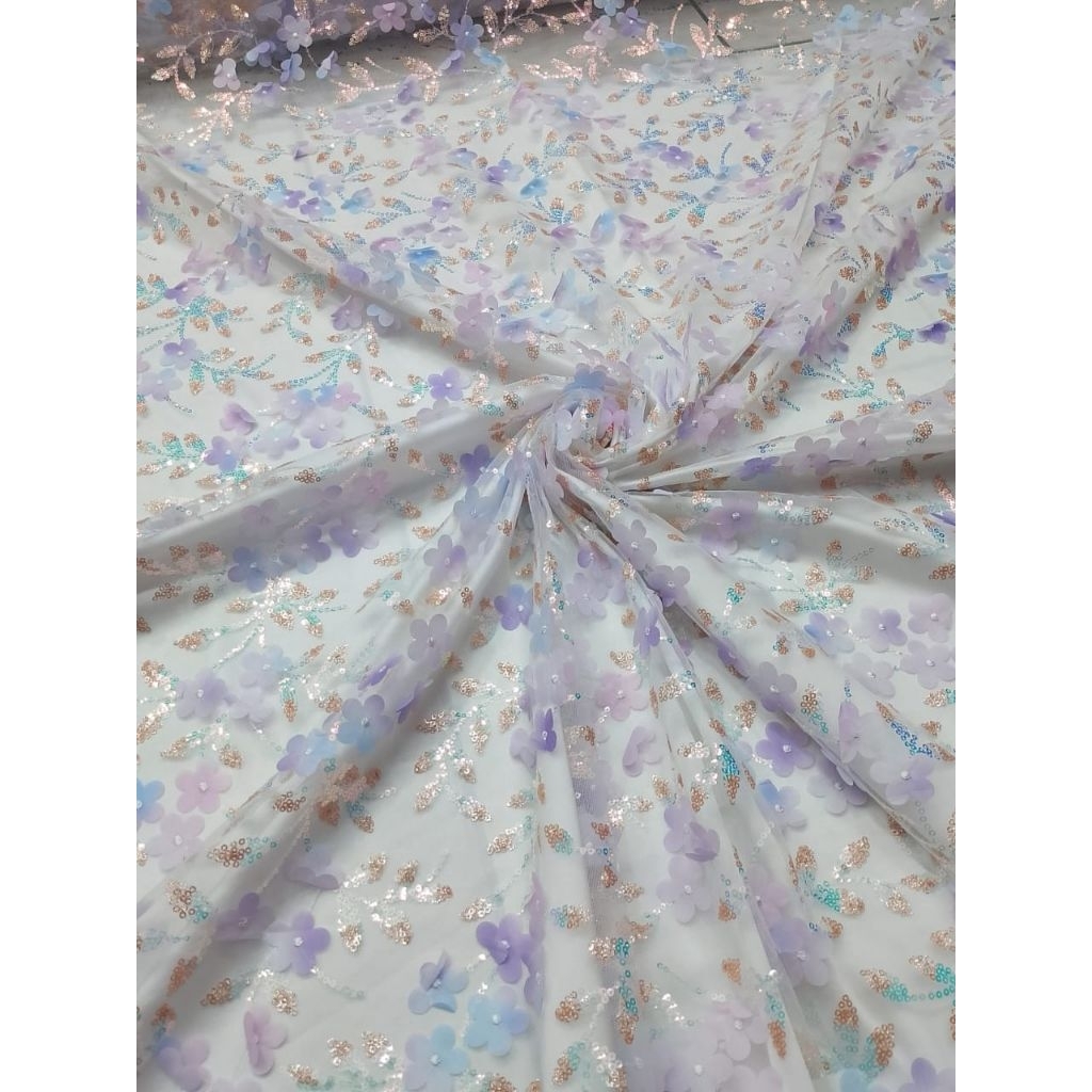 Bahan/ kain tille bunga 3D pelangi mix spangle/ tille 3D