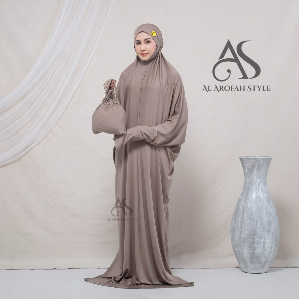 AL AROFAH Mukena Terusan Dewasa Penutup Dagu Jersey Premium Mukenah Lajuran Adem Motif Polos Hitam P