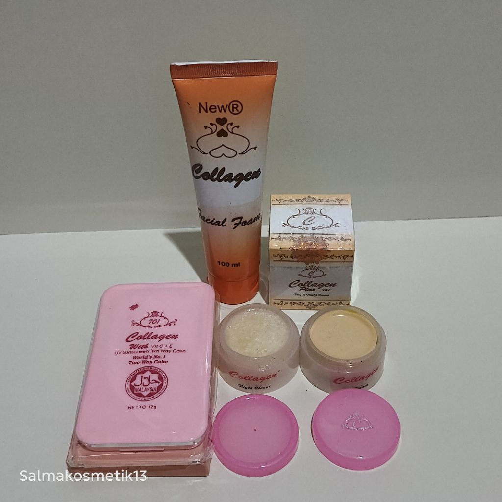 Paket Cream Collagen 4In1 Whitening Original // cream siang, malam, bedak twc, facial foam