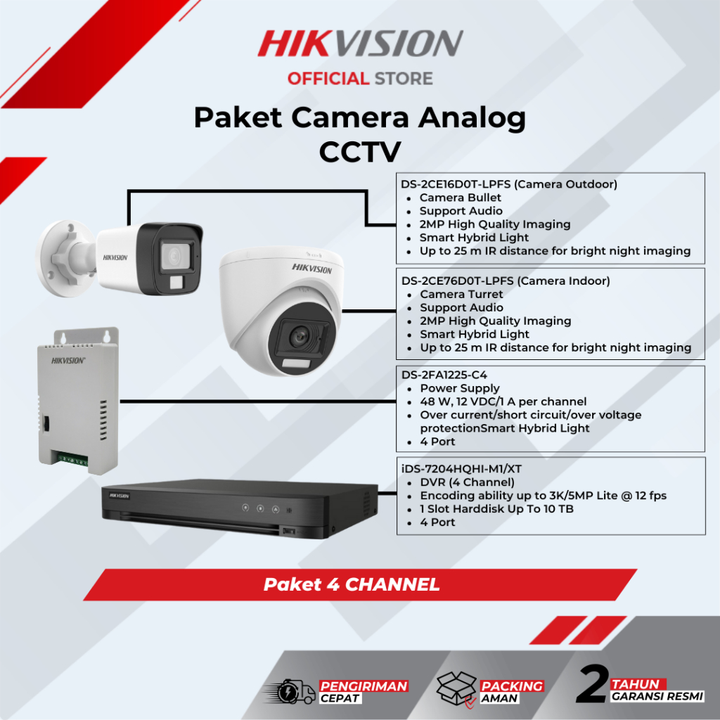 HIKVISION - Paket Lengkap 4 Channel Camera Analog 2MP Audio CCTV
