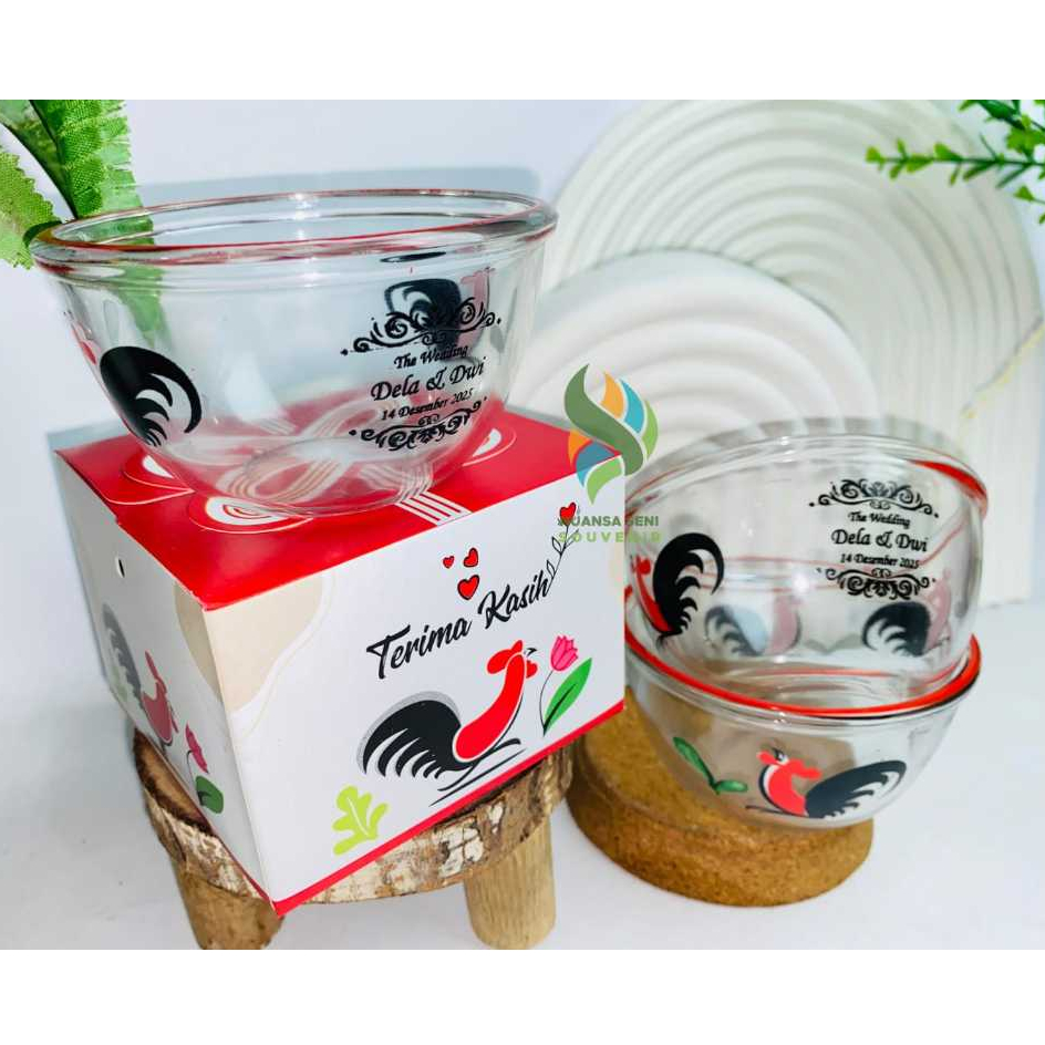 Souvenir Pernikahan Mangkuk BIB3.75B Ayam Jago Kaca Bening Mangkok Sambal Beling Sablon Kemas Box