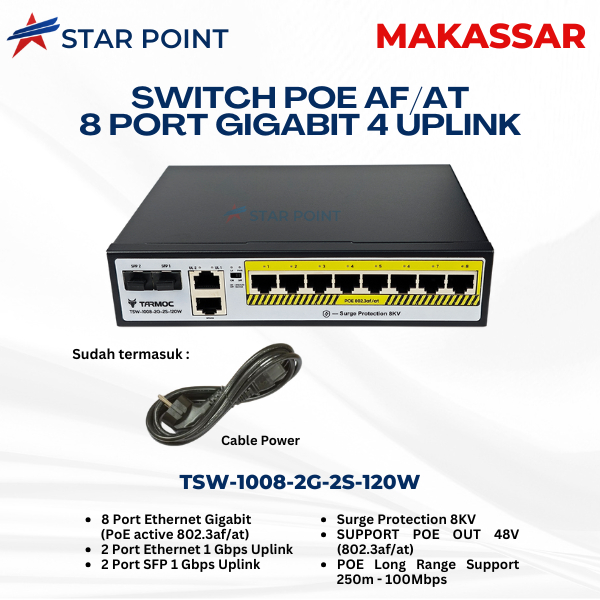 Tarmoc TSW-1008-2G-2S-120W 8 Port Gigabit POE 802.3af/at POE Switch 120W