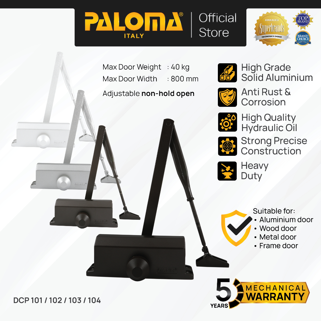 PALOMA Door Closer Penutup Penahan Pintu Otomatis Non Hold Open Hydraulic Hidrolik Aluminium Silver 