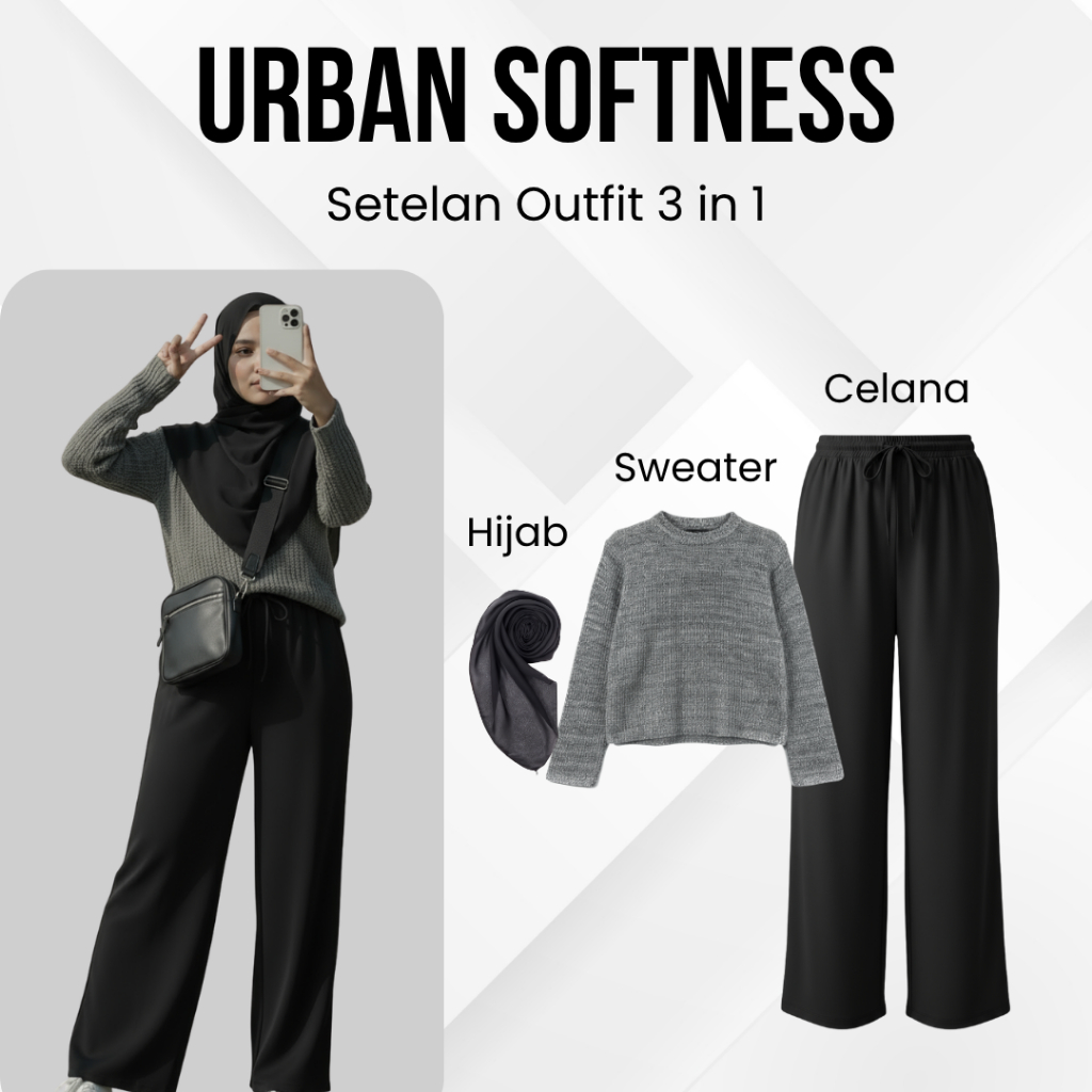 Setelan Remaja Perempuan (Sweater Rajut, Celana Kulot, Hijab Square) one set ootd hijab, Set Wanita