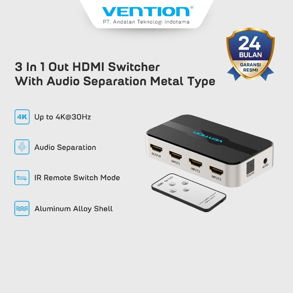 Vention AFJ HDMI Switcher 3 in 1 Out With Audio Separation - AFJ