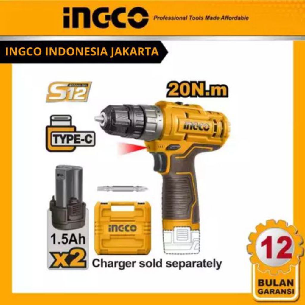 INGCO CIDLI12202 - Mesin Bor Baterai 12V Type C + 2 Baterai