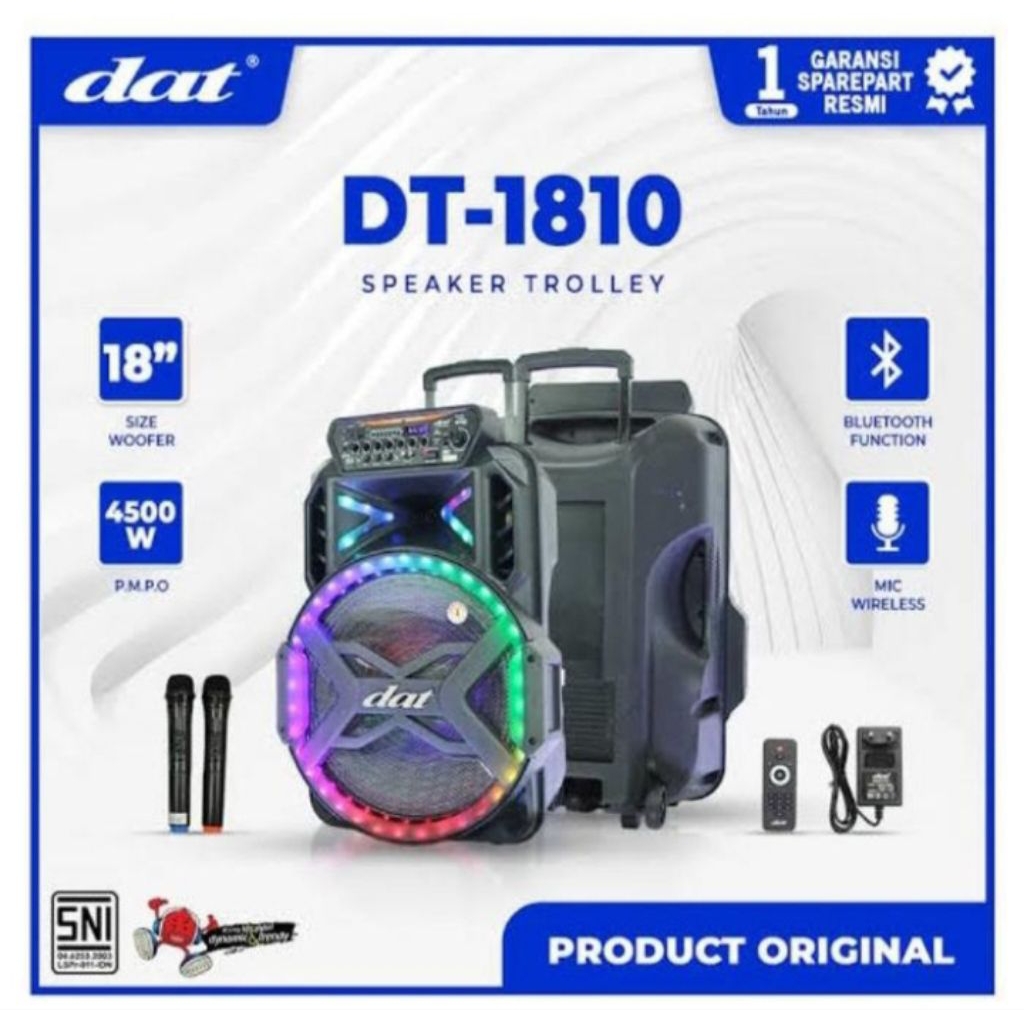 SPEAKER PORTABLE BLUETOOTH KARAOKE DT-1810 UKURAN 18 INCHI DAT DT 1810 FREE 2 MIC BAWAAN