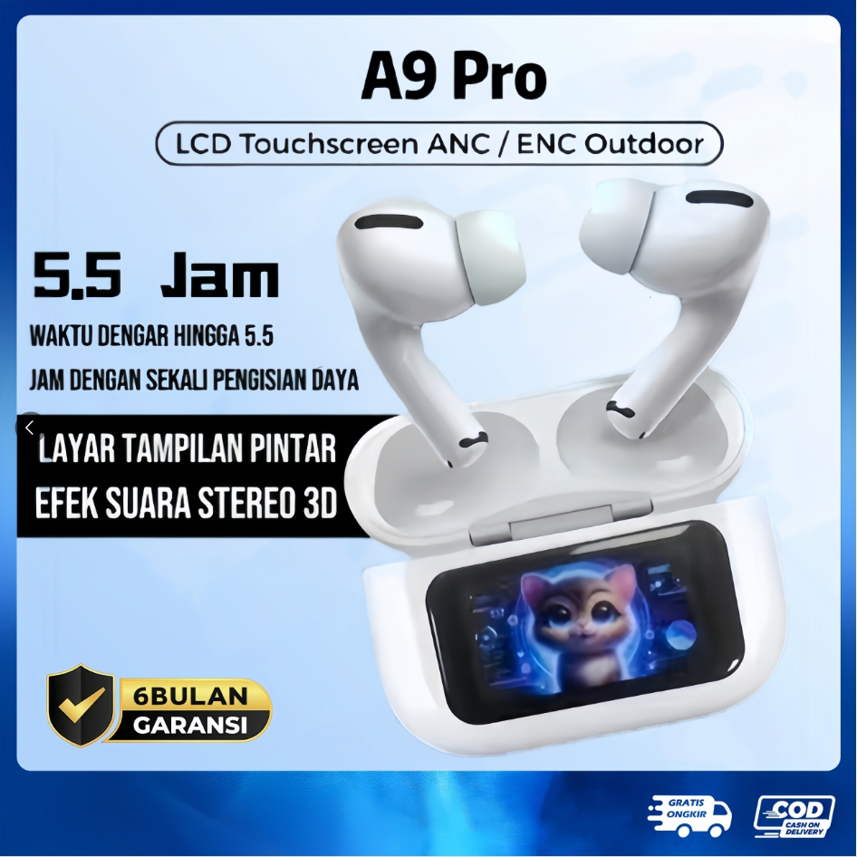TWS A9 PRO + layar pintar "ANC/ENC" (Harga Terbaru) Earphone Headset Bluetooth V5.4 Smart Screen Act