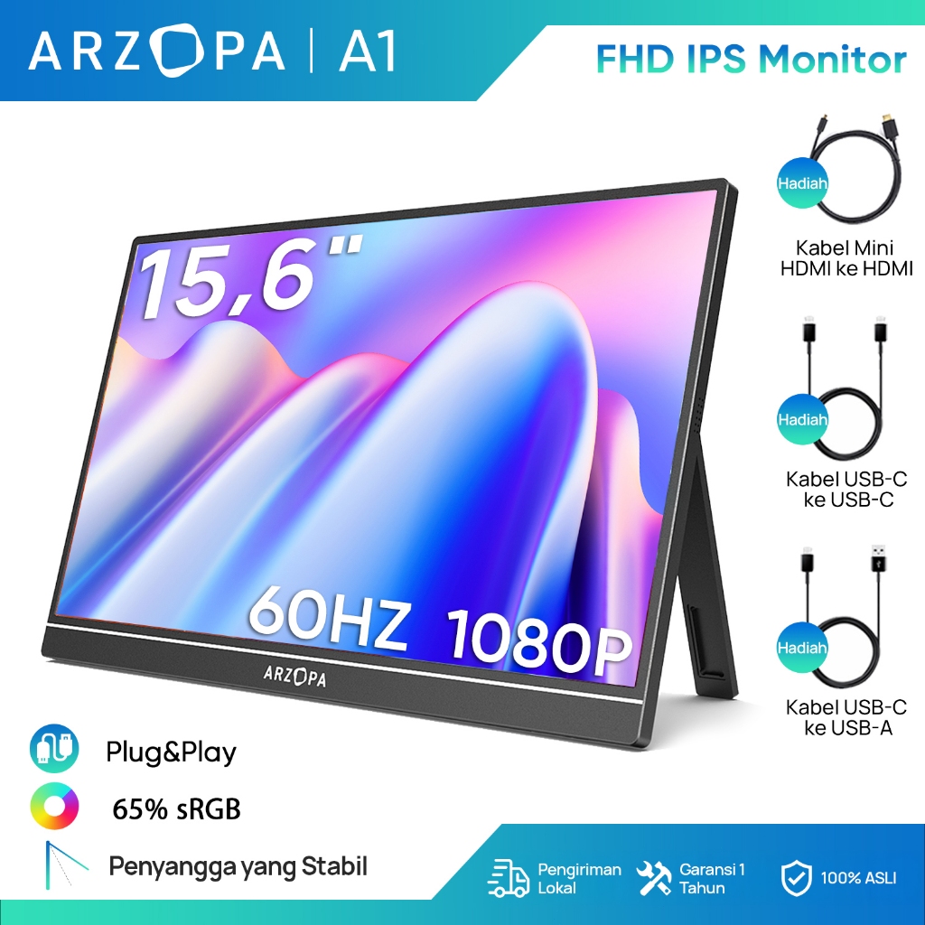 (Official Store) ARZOPA Monitor Portabel A1, 15,6" FHD 1080P, Monitor Laptop Portabel Ultra-Tipis de