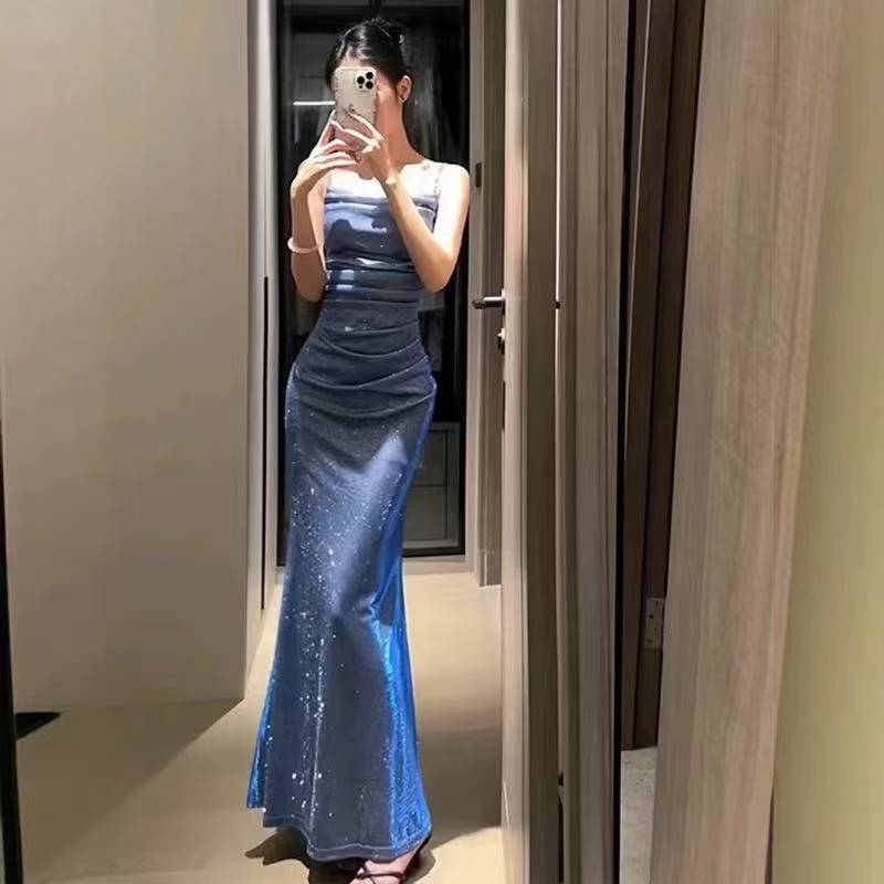 Meirong baju dress biru muda panjang korean style wanita terbaru 2025 dress sexy pantai import