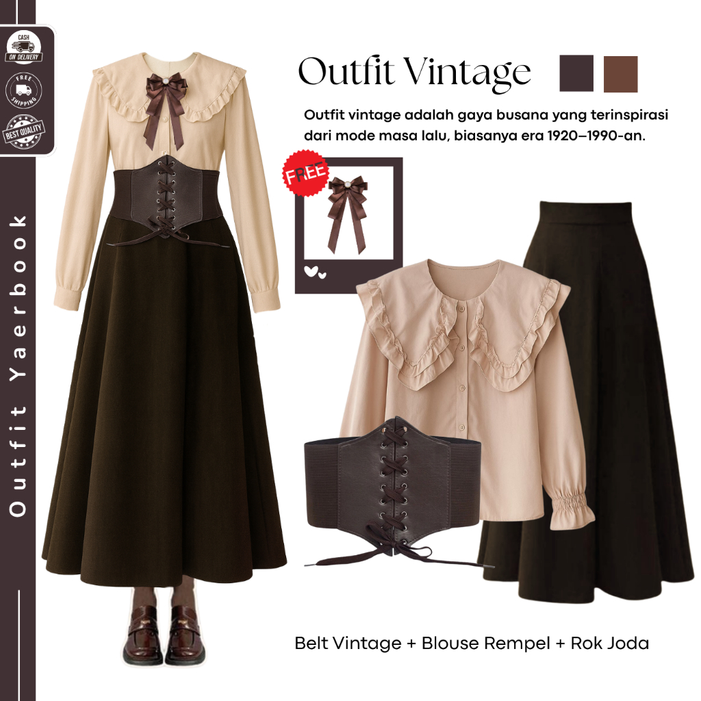 One Set Outfit Yearbook Vintage  (Belt Besar + Blouse Rempel + Rok Joda ) OOTD Yearbook Remaja - FO2