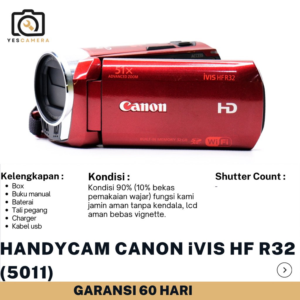 Handycam Canon iVIS HF R32 (Bekas) - 3.28MP, Full HD, Optical 32x Zoom, Wifi, Smart Auto, Face Detec