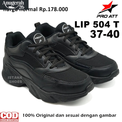 SEPATU CASUAL WANITA PRO ATT LIP 504 Tali FULL BLACK, SEPATU SEKOLAH SEPATU LARI SNEAKERS