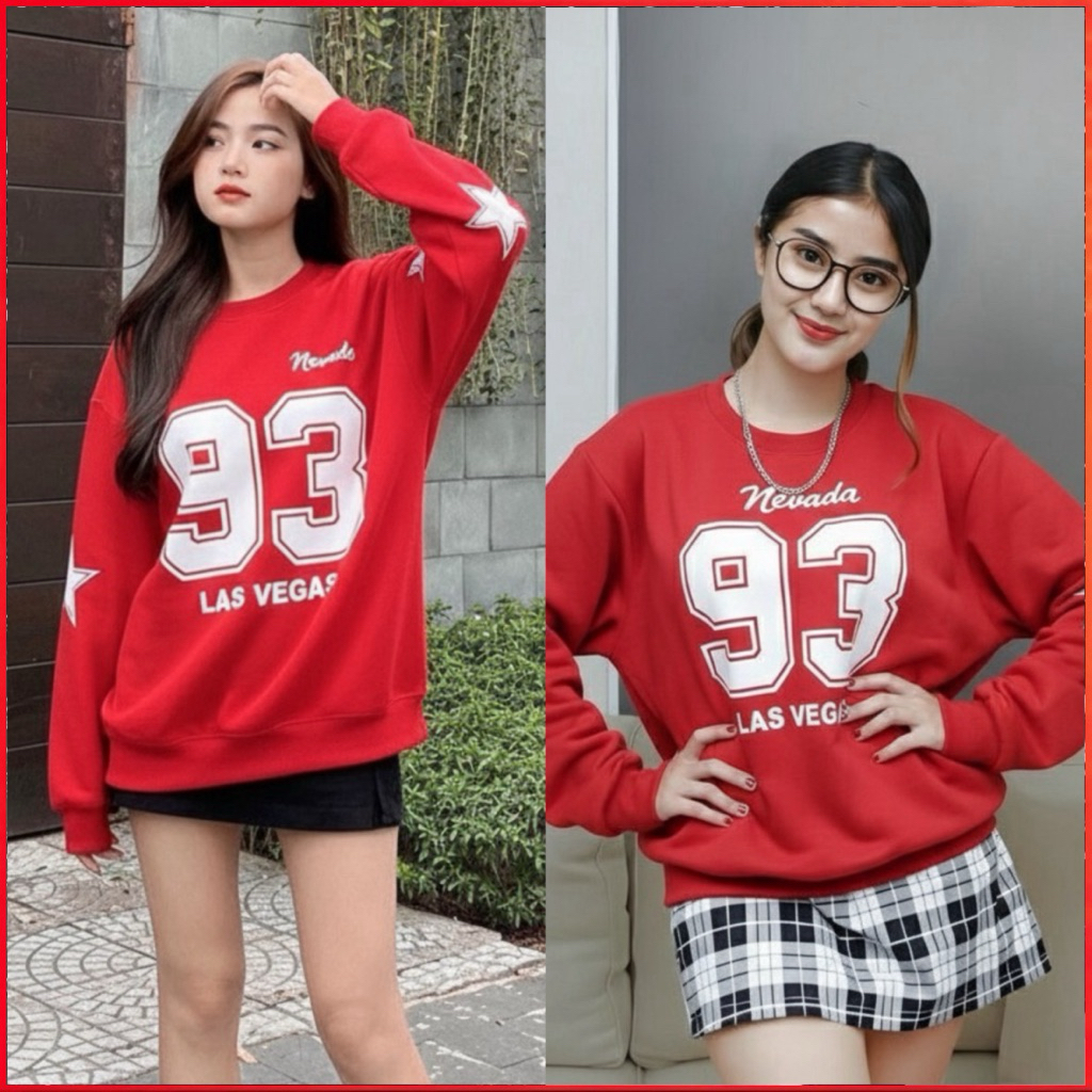 Pariroo Sweater Nevada Las Vegas 93 Oversize Wanita | Crewneck Fashion Korea Import Premium | Sweate